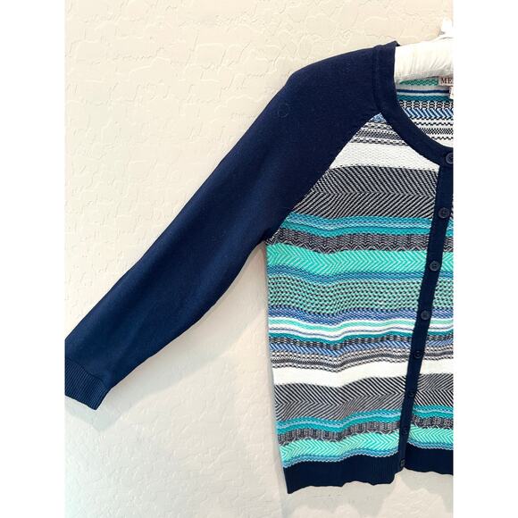 MERONA | Striped Button-Up Cardigan Cotton Navy Teal White | Medium - Picture 3 of 6